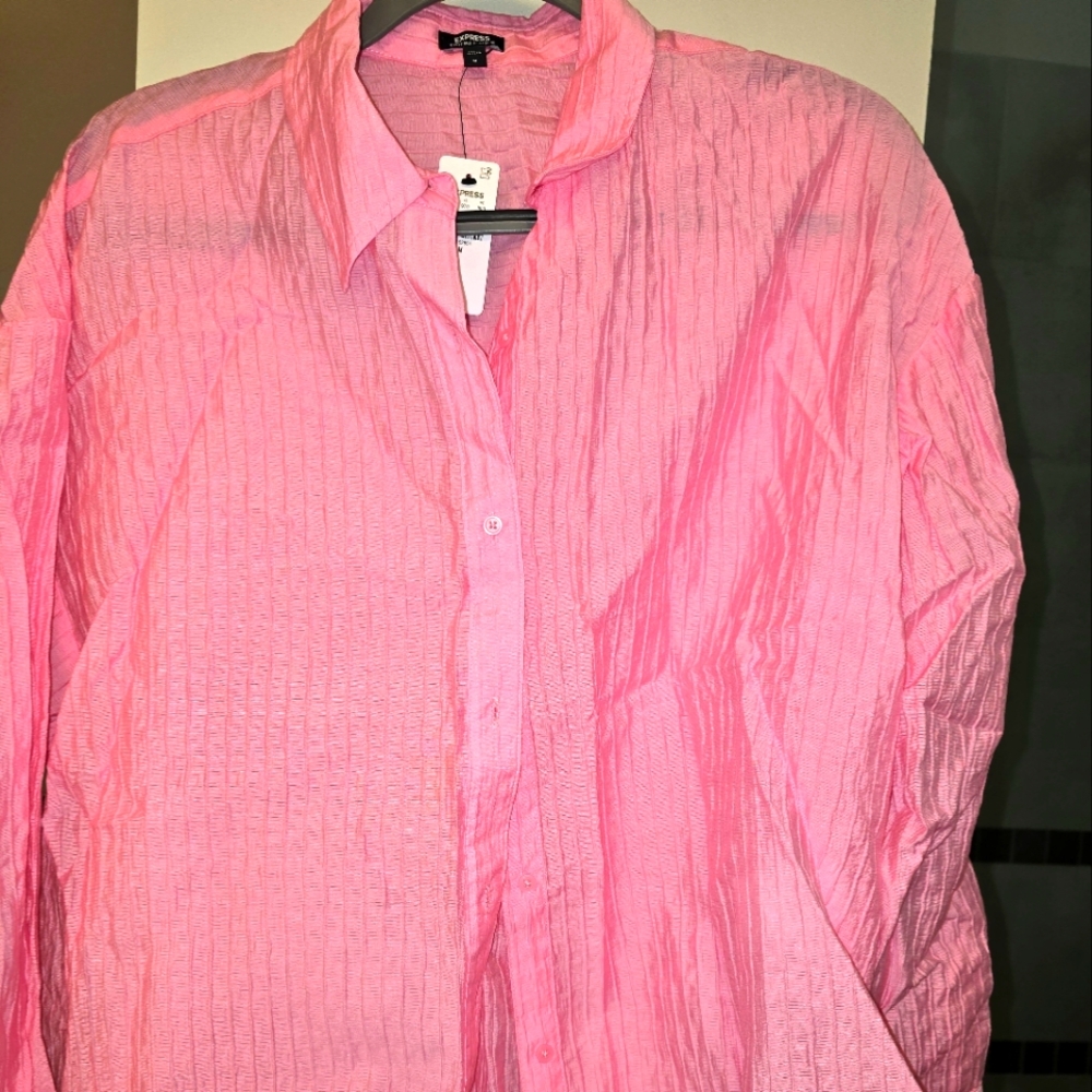 Express Pink Crinkle Button-Up Blouse